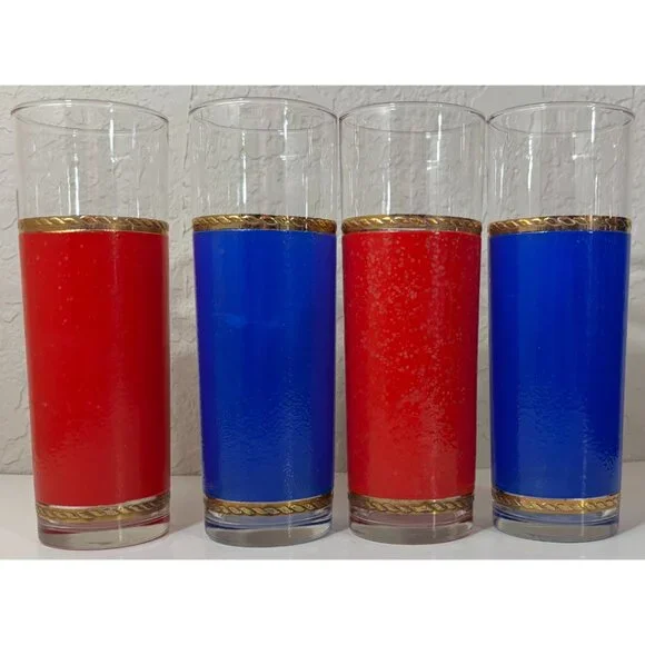 4 Vintage Patriotic Golden Eagle Collins Collectible Glasses Red Blue Americana - Picture 3 of 6